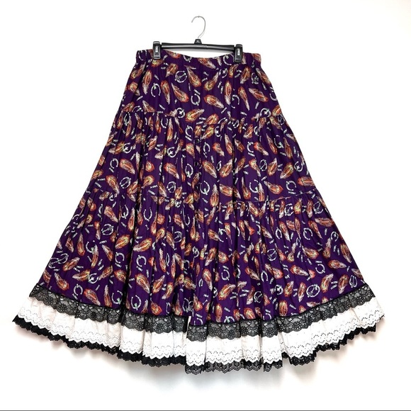 Vintage Handmade Boho Feather Jewel Horseshoe Full Circle Maxi Skirt
